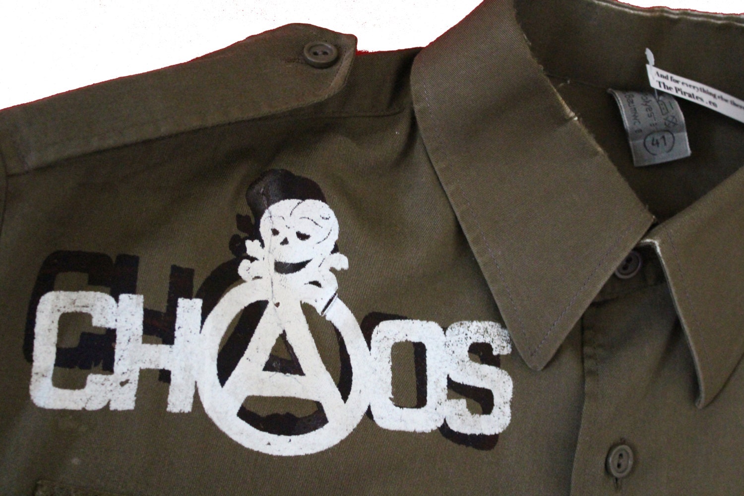 Image of Vintage Military Shirt With Punk Print - Khaki Green Longsleeve Collared Chaos Skull Mens Large