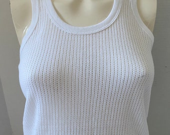 White Mesh Sleeveless Vest Top - Vintage Airtex Vest - breathable Cotton fabric Tank  - Stretchy -SMALL Unisex 36"-38" Chest