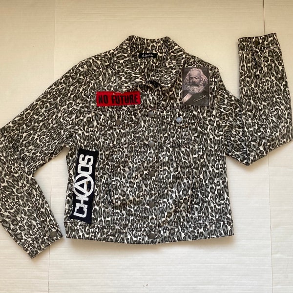 PuNk Leopard Jacket -Anarchist Karl Marx Animal print Bomber-Reworked Short Coat-No Future CHAOS-Alternative Womens SIZE L-38"