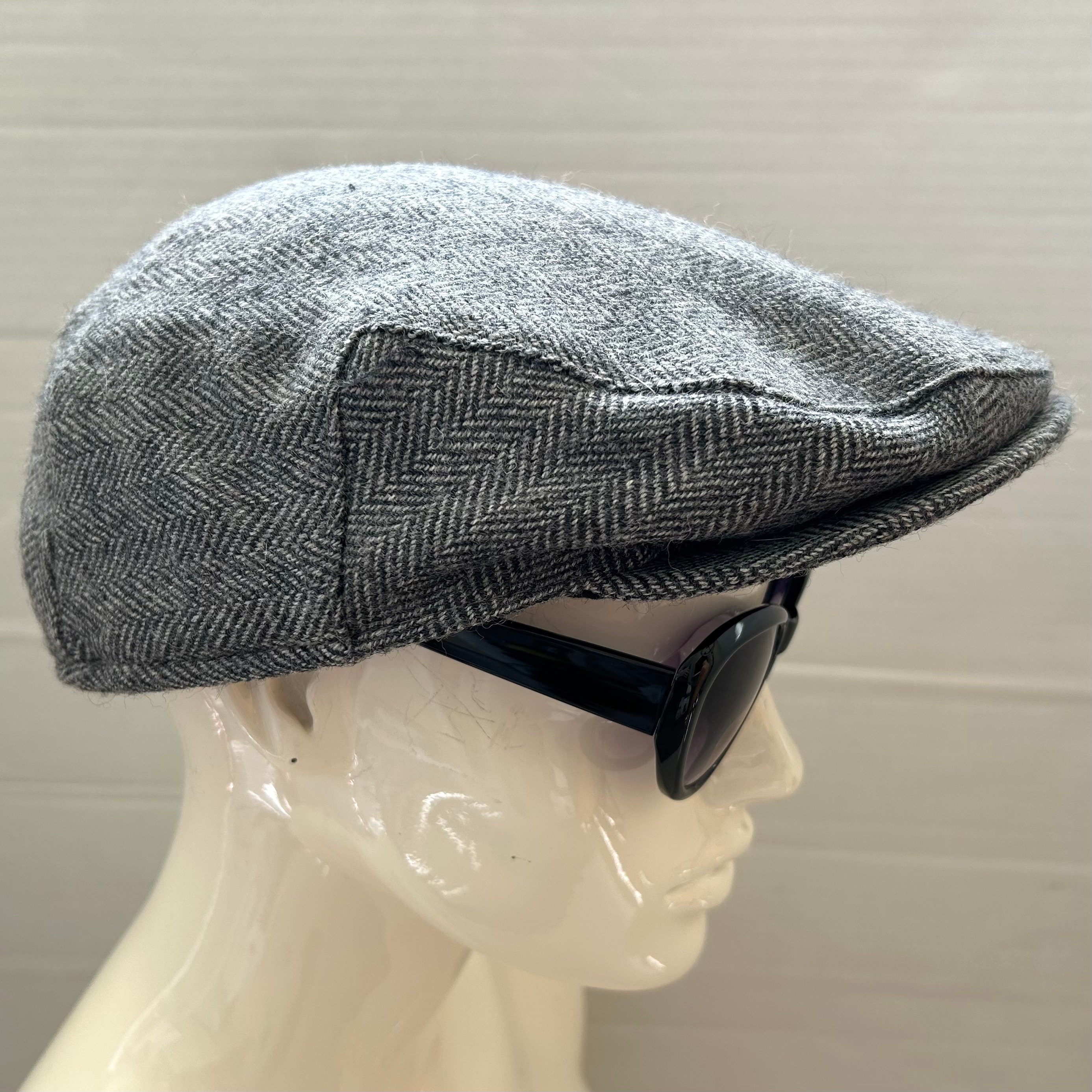 Vintage Tweed Cap Black Grey Herringbone Wool Newsboy Flat Cap Country Classic Hat unisex Driving Cap Size LARGE 2359cm Etsy