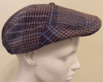 Tweed Wool Cap - Sporting Flat Cap -Herringbone Check -Country Classic -unisex- Driving cap - Brown Blue - Large - 24"