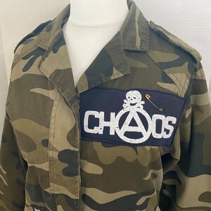 Womens Military Camouflage Jacket with Punk Slogan Patches-Chaos No Future -Short Camo Coat-Alternative Fashion- Womens SIZE M-US 6 -UK 10