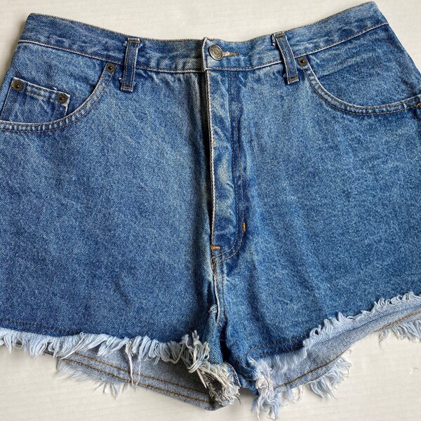 Vintage Denim Shorts - High Waist - Mid Blue - Distressed Freyed Hems - Waist 32" - USA 12 - UK 16