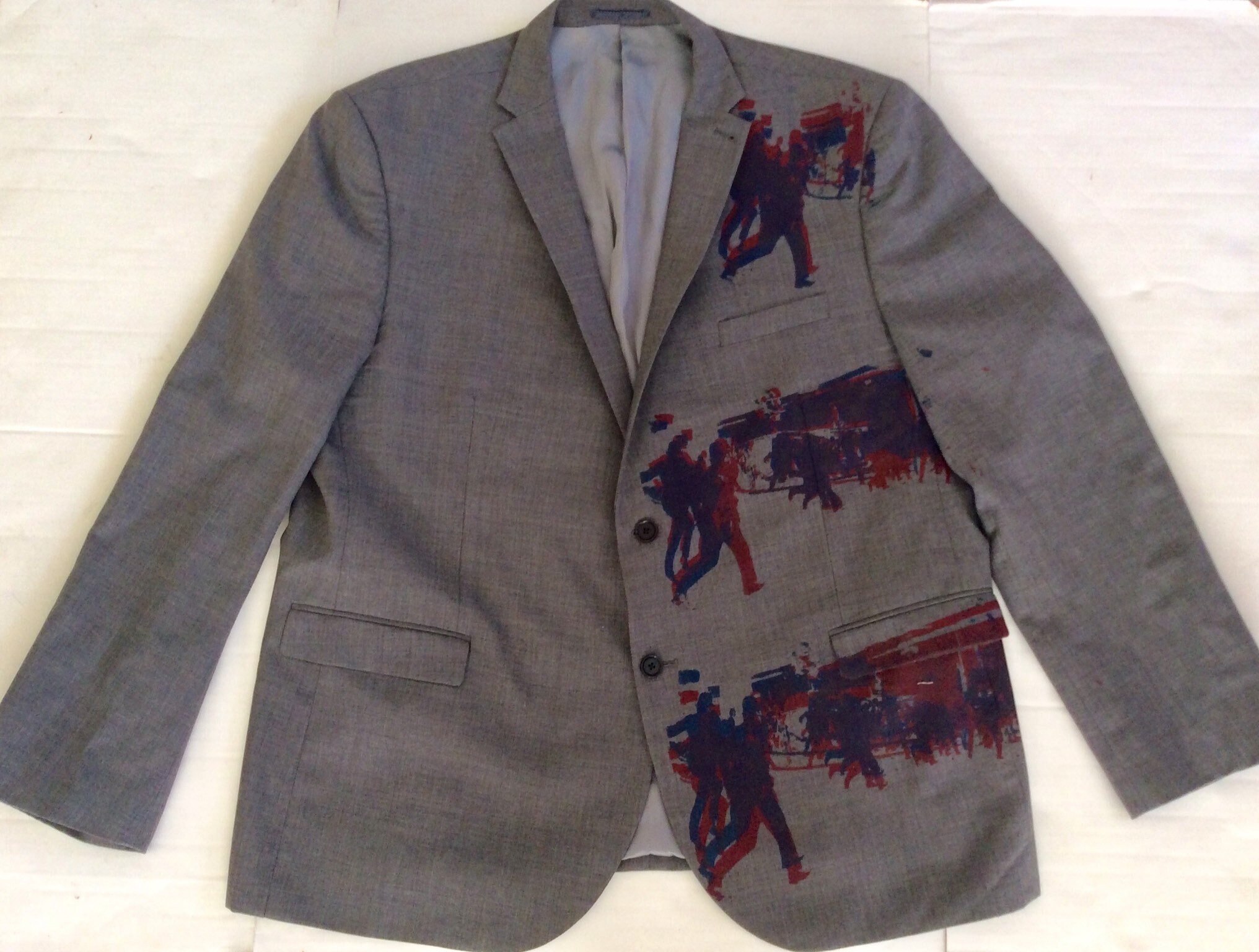 Image of Punk Suit The Clash Brixton Riots London Police Prints - Vintage Mens Stage Outfit Jacket & Pants Big Size 3xl Chest 50" Waist 40"