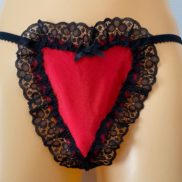 RED HEART THONG Pants- Black Lace Red Satin - Heart Knickers - Christmas -Valentine -Free Gift Wrapping- One Size - Waist 28" - 34"