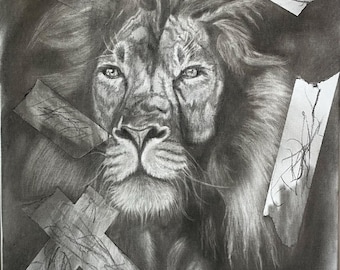 Beneath the Marks | Christian Lion Charcoal Art | Proverbs 28:1, 16x20 canvas