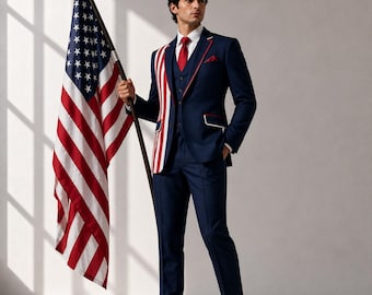 Traje de hombre con la bandera estadounidense patriótica / Traje formal azul marino a medida