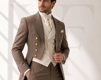 Men's Taupe Regency Tailcoat Suit: 3-Piece Formal Wedding Ensemble
