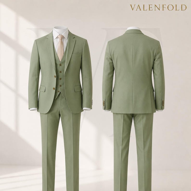 Puede incluir: Un traje de tres piezas verde salvia exhibido en un maniqu&iacute;. El traje incluye una chaqueta, un chaleco y un pantal&oacute;n, combinados con una camisa blanca y una corbata marr&oacute;n claro. El traje se muestra desde la parte delantera y trasera.