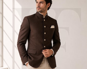 Chocolate Brown Jodhpuri Suit: Bandhgala Jacket, Beige Pants, Formal Reception Outfit