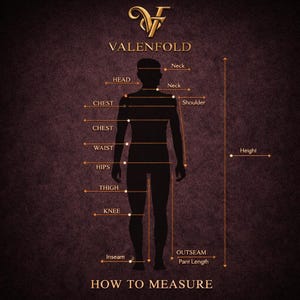 Peut inclure: Un diagramme avec le texte "VALENFOLD" et "HOW TO MEASURE". Le diagramme montre une silhouette d'une personne avec des points de mesure &eacute;tiquet&eacute;s : t&ecirc;te, cou, poitrine, taille, hanches, cuisse, genou, entrejambe, couture ext&eacute;rieure et hauteur. Le fond est de couleur marron fonc&eacute;.