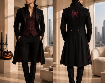 Gothic Tailcoat Suit: Black Vampire Wedding Groom Outfit, Burgundy Lining