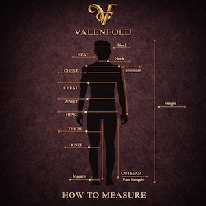 May include: A diagram with the text "VALENFOLD" and "HOW TO MEASURE". The diagram shows a silhouette of a person with labeled measurement points: head, neck, chest, waist, hips, thigh, knee, inseam, outseam, and height. The background is a dark maroon color.