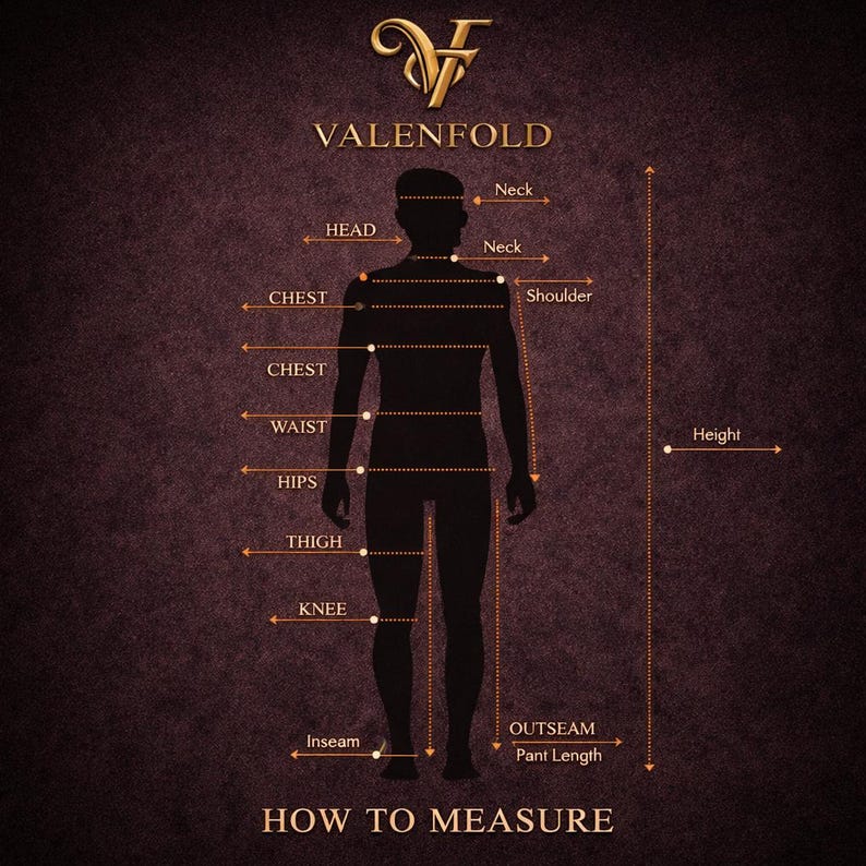 May include: A diagram with the text "VALENFOLD" and "HOW TO MEASURE". The diagram shows a silhouette of a person with labeled measurement points: head, neck, chest, waist, hips, thigh, knee, inseam, outseam, and height. The background is a dark maroon color.
