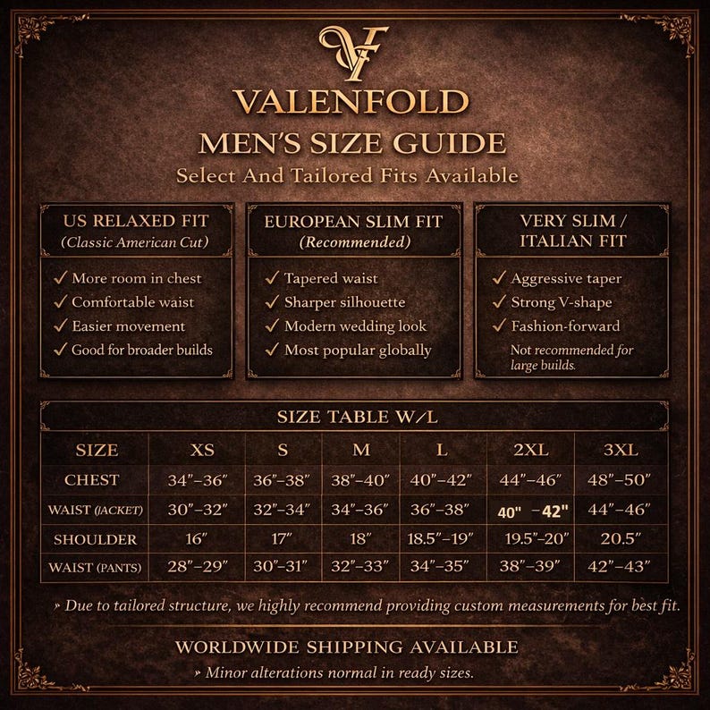 Peut inclure: Guide des tailles pour hommes pour des coupes sur mesure, avec des mesures de poitrine, de taille et d'&eacute;paules en centim&egrave;tres. Comprend les options US Relaxed Fit, European Slim Fit et Very Slim/Italian Fit. Mesures personnalis&eacute;es recommand&eacute;es.