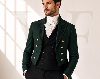 Emerald Green Victorian Tailcoat Suit, Embroidered Lapels, Formal Tuxedo, Groom Wedding Outfit