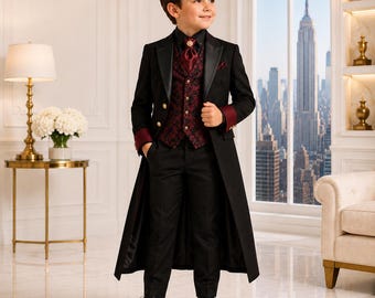 Boys Black Victorian Tailcoat Suit, Burgundy Brocade Waistcoat, Formal Page Boy Outfit