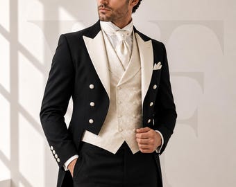 Men's Black Tailcoat Suit with Ivory Brocade Vest – Formal Regency Ensemble