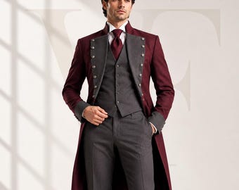 Regency Tailcoat Suit, Burgundy Grey Wedding Tuxedo, Formal Prom Ensemble