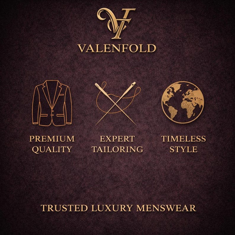 May include: A gold logo with the text "VALENFOLD" and the words "PREMIUM QUALITY", "EXPERT TAILORING", and "TIMELESS STYLE". The phrase "TRUSTED LUXURY MENSWEAR" is also present. The background is a dark brown.