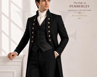 Men's Black Regency Tailcoat Suit, Jane Austen Inspired Formal Ensemble, Wedding Groom Attire