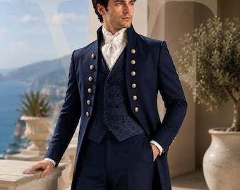 Navy Regency Tailcoat Suit: Aristocrat 3-Piece Formal Menswear, Wedding Groom Attire