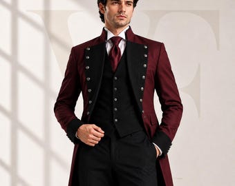 Burgundy Black Victorian Tailcoat Suit, Men's Formal Wedding Prince Prom Coat