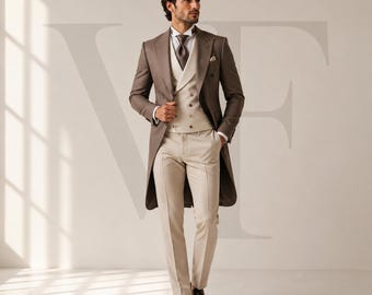 VALENFOLD Mens Taupe Brown Tail Coat Suit, Double Breasted Tuxedo, Formal Wedding Menswear