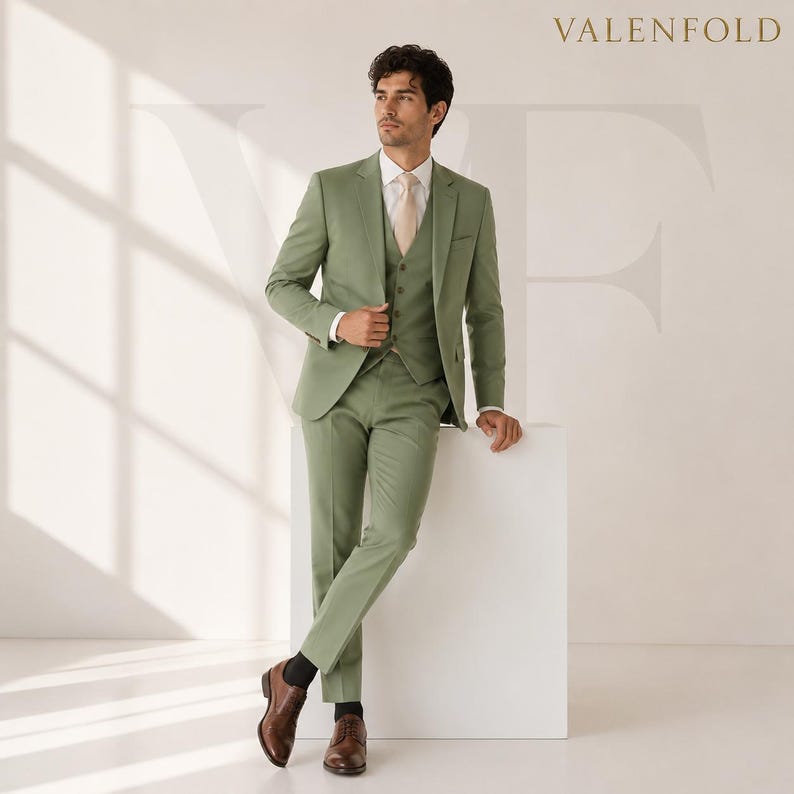 Puede incluir: Un traje de tres piezas en color verde apagado. El traje incluye una chaqueta, un chaleco y un pantal&oacute;n. El modelo lleva una camisa blanca y una corbata melocot&oacute;n claro. Zapatos de vestir de cuero marr&oacute;n completan el look. La marca "VALENFOLD" se muestra en la parte superior.