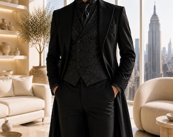 Men's Black Victorian Tailcoat Suit, Gothic Brocade Vest Groom Tuxedo Halloween Outfit