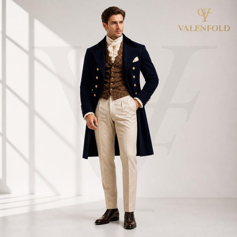 May include: A navy blue overcoat with gold buttons, worn over a brown patterned vest and cream-colored shirt. The outfit includes beige trousers and dark brown dress shoes. The Valenfold logo is visible in the upper right corner.
