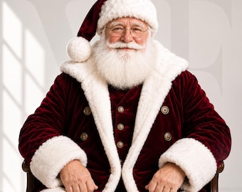 May include: Santa Claus wearing a deep red velvet coat with white faux fur trim and a matching hat. The coat features gold-toned buttons down the front. Santa has a long white beard, moustache, and wire-rimmed glasses. The text VALENFOLD is visible.
