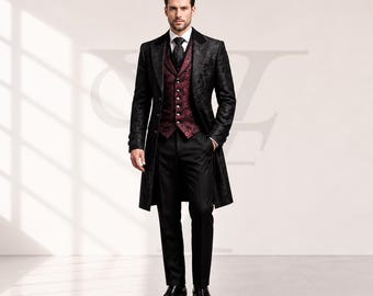 Men's Victorian Gothic Frock Coat Suit, Burgundy Vest, Steampunk Wedding Groom Outfit