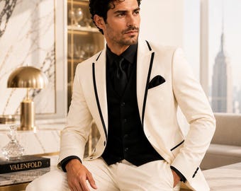 Men's Ivory Tuxedo Suit with Black Lapel, Italian Wool Blend, Formal Event Wear