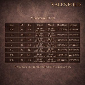 May include: A men's size chart with measurements in inches and centimeters. The chart includes sizes XS to 3XL, with corresponding US, EU, chest, waist, shoulders, and sleeve measurements. The text "VALENFOLD" is at the top.