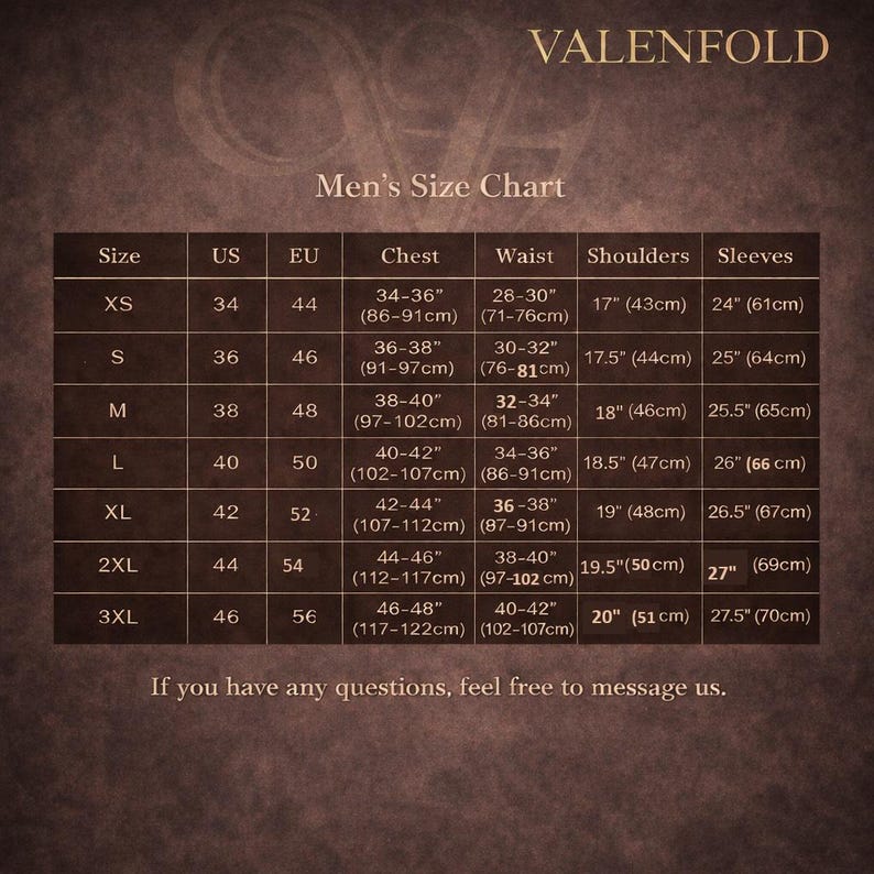 May include: A men's size chart with measurements in inches and centimeters. The chart includes sizes XS to 3XL, with corresponding US, EU, chest, waist, shoulders, and sleeve measurements. The text "VALENFOLD" is at the top.