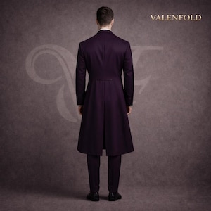 May include: A formal, dark purple tailcoat suit with a long, flowing coat and matching trousers. The suit is tailored with a classic design, featuring a buttoned back and a refined silhouette. The brand name "VALENFOLD" is displayed in gold lettering.