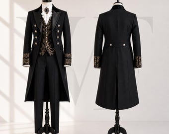 Victorian Tailcoat Suit Mens Gothic Groom Tuxedo, Black Wedding Tailcoat, Prince Coat, Royal Formal Wear, Vampire Suit
