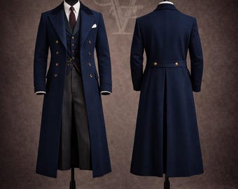 May include: A navy blue overcoat and suit displayed on a mannequin. The overcoat features a double-breasted design with gold buttons, a velvet collar, and a long, tailored fit. The suit includes a vest, dress shirt, and tie. The brand name "VALENFOLD" is visible.