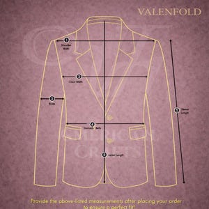 Peut inclure: Sch&eacute;ma d'un blazer avec des points de mesure &eacute;tiquet&eacute;s : largeur des &eacute;paules, largeur de la poitrine, biceps, ventre, longueur des manches et longueur de la veste. Le texte en haut indique "VALENFOLD". Le texte en bas dit "Fournissez les mesures ci-dessus apr&egrave;s avoir pass&eacute; votre commande pour assurer un ajustement parfait !"