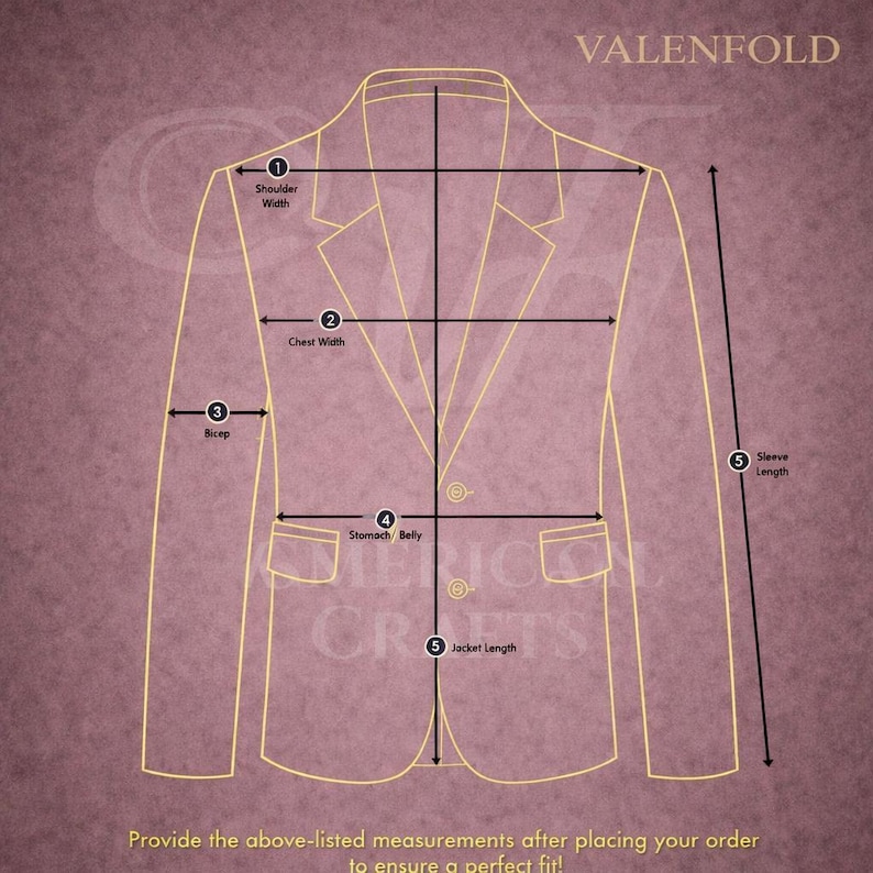 Peut inclure: Sch&eacute;ma d'un blazer avec des points de mesure &eacute;tiquet&eacute;s : largeur des &eacute;paules, largeur de la poitrine, biceps, ventre, longueur des manches et longueur de la veste. Le texte en haut indique "VALENFOLD". Le texte en bas dit "Fournissez les mesures ci-dessus apr&egrave;s avoir pass&eacute; votre commande pour assurer un ajustement parfait !"