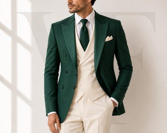 Men's Emerald Green Double Breasted Suit, Ivory Vest & Trousers, Formal Wedding Groom Prom Outfit