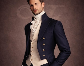 Regency Tailcoat Suit – Navy Blue, Ivory Vest, Victorian Formal Wear