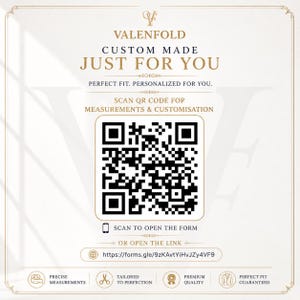 May include: Cream-colored graphic with the text "VALENFOLD CUSTOM MADE JUST FOR YOU". Includes a QR code for measurements and customization, plus icons for precise measurements, tailored to perfection, premium quality, and perfect fit guaranteed.