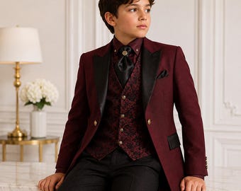Boys Burgundy Victorian Tailcoat Suit, Royal Prince Formal Wear, Wedding Ring Bearer Outfit