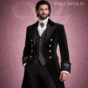 May include: A dark green velvet coat with a black lapel and silver buttons. The coat is worn over a gray vest and white ruffled shirt. The cuffs have embroidered detailing. The outfit is formal and elegant.