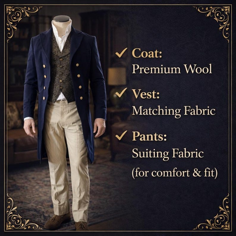 May include: A navy blue coat with gold buttons, a patterned vest, and khaki pants. The text on the image says "Coat: Premium Wool", "Vest: Matching Fabric", and "Pants: Suiting Fabric (for comfort & fit)".