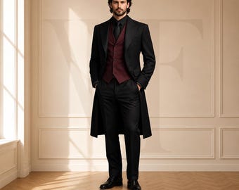 May include: A formal black suit with a long coat, black shirt, and burgundy vest. The suit is worn with a black tie and black dress shoes. The brand name "VALENFOLD" is displayed in gold lettering.
