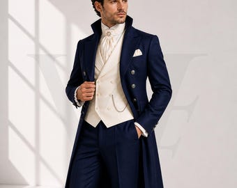 Midnight Navy Victorian Tailcoat Suit with Ivory Waistcoat | Gothic Groom Formal Outfit