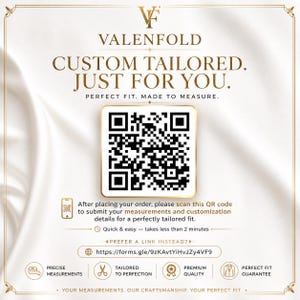 Puede incluir: Gr&aacute;fico color crema con el texto "VALENFOLD CUSTOM TAILORED. JUST FOR YOU." Un c&oacute;digo QR est&aacute; en el centro. El texto de abajo dice "PERFECT FIT. MADE TO MEASURE."